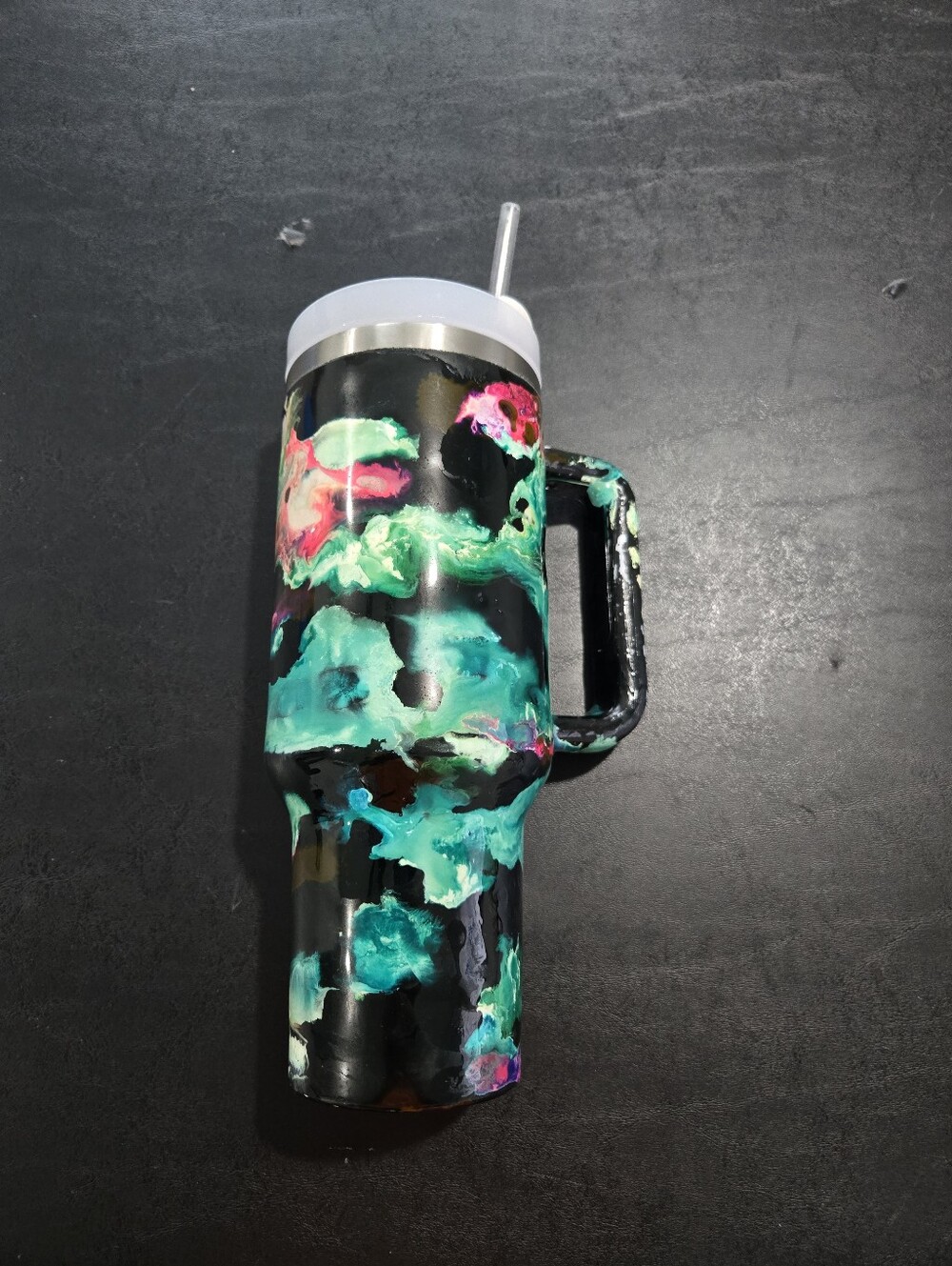 Handcrafted Black Travel Tumbler with Teal & Pink Marble Design